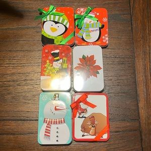 Christmas Gift Card Tins 6 Holiday Penguins Snowmen Santa Poinsettia Ribbons